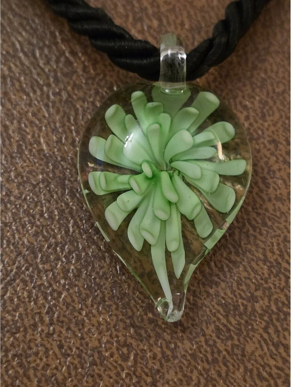 Murano Style Art Glass Teardrop Floral Pendant Necklace Black Cord Green Flower